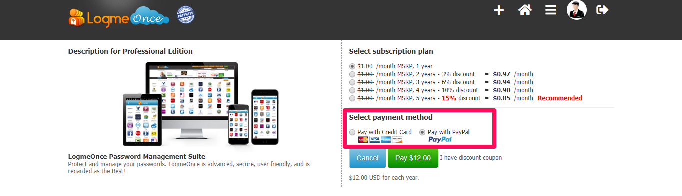 logmeonce payment methods