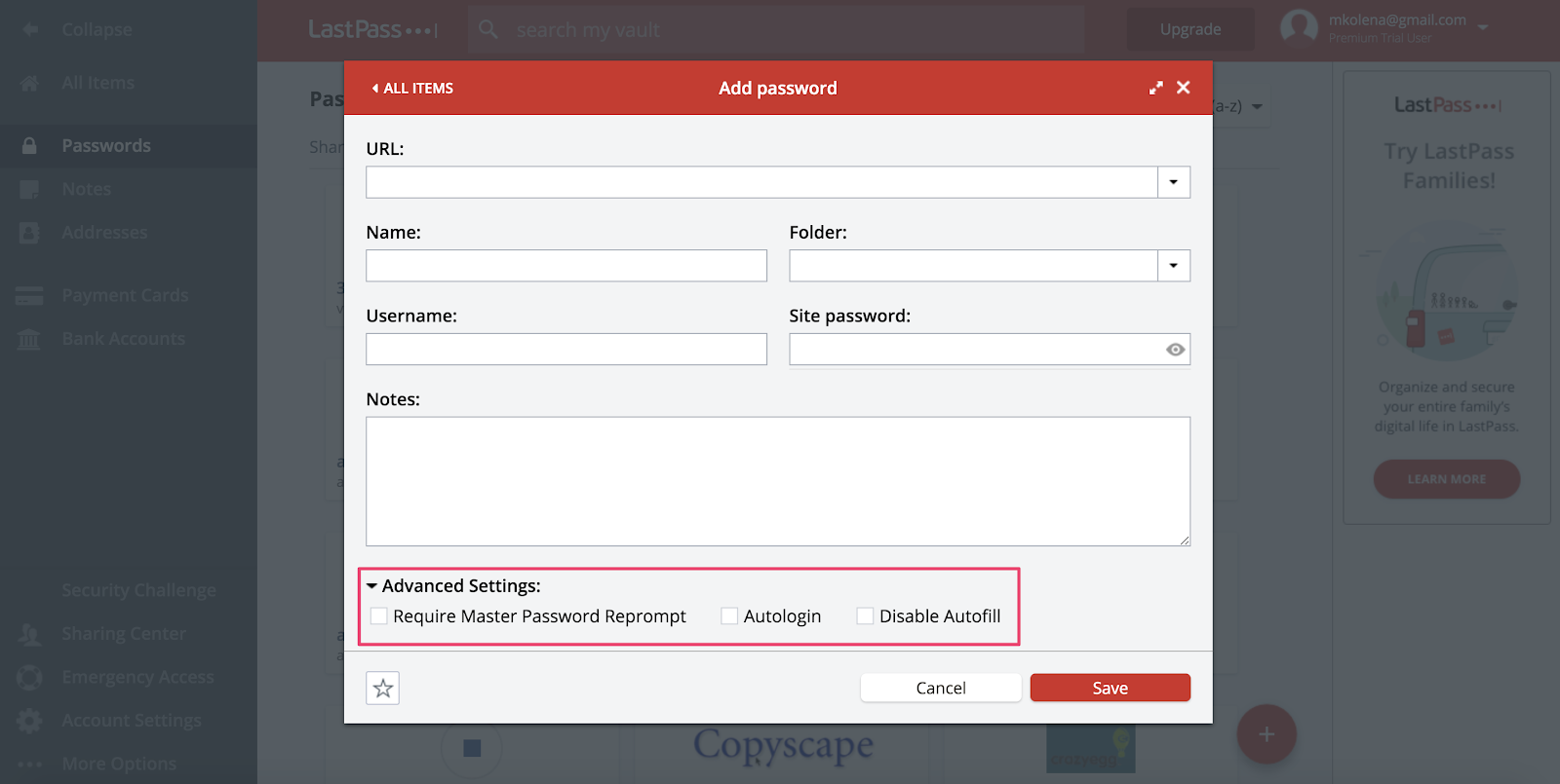 LastPass password manager advanced settings