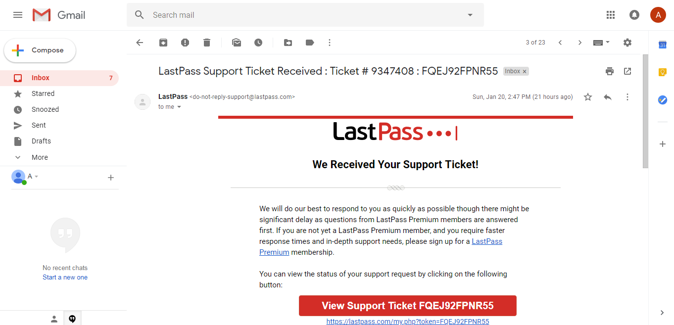 LastPass support ticket email